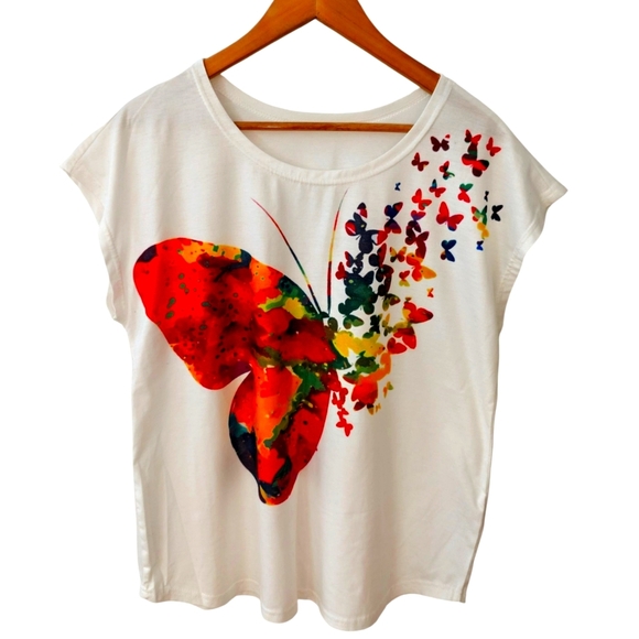 NWOT Colorful Butterfly Print Women's Top Size L - Picture 1 of 7